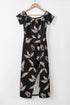 Print Off Shoulder Slit Bodycon Midi Dress